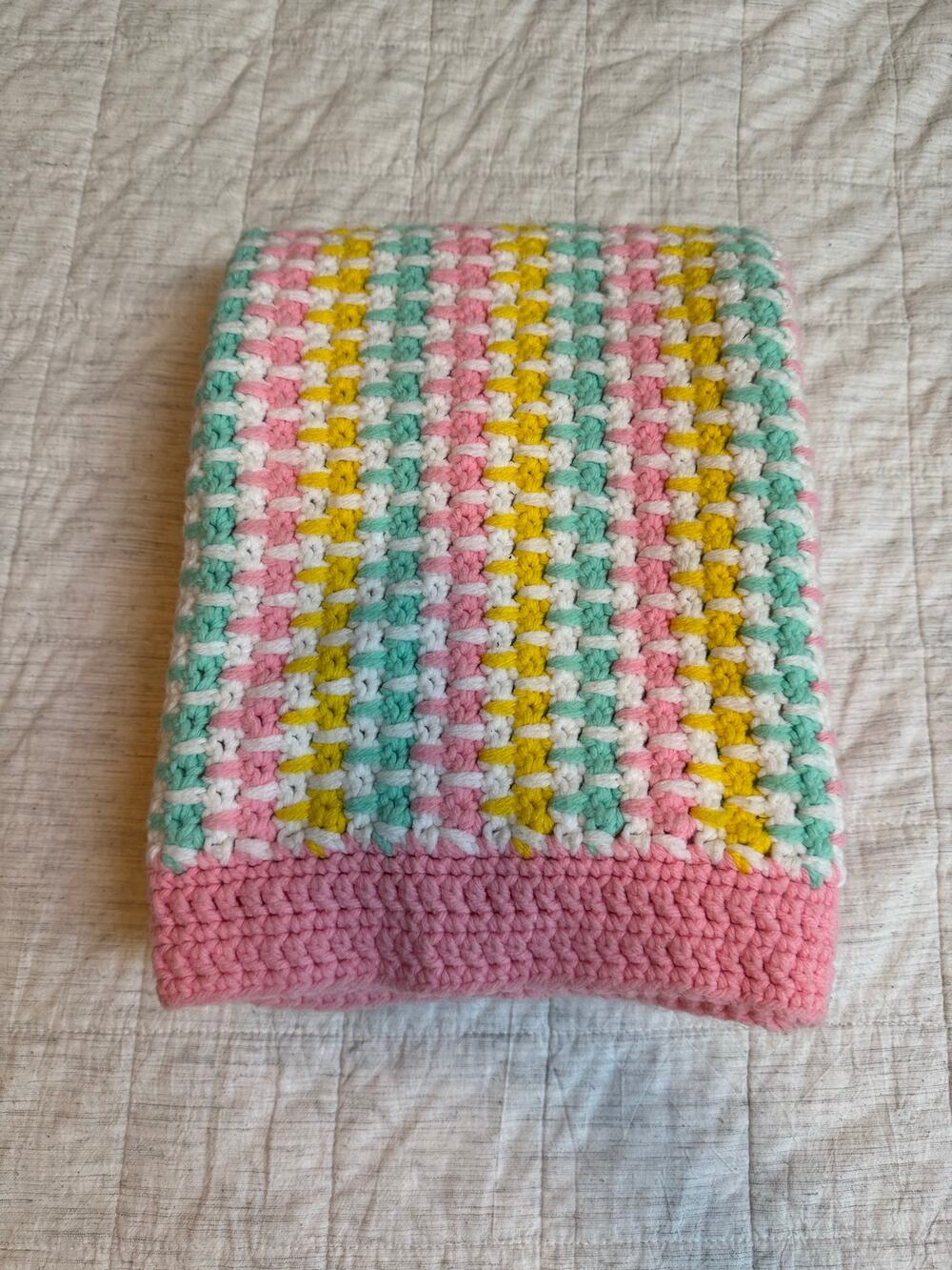 Handmade Crochet Unisex Baby Blanket Pink Yellow Blue Striped Pastels Granny VTG